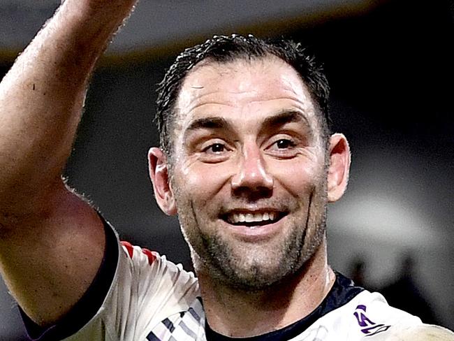 BRISBANE, AUSTRALIA - JULY 24: Cameron Smith of the Storm waves to fans as he celebrates victory after the round 11 NRL match between the Brisbane Broncos and the Melbourne Storm at Suncorp Stadium on July 24, 2020 in Brisbane, Australia. (Photo by Bradley Kanaris/Getty Images)