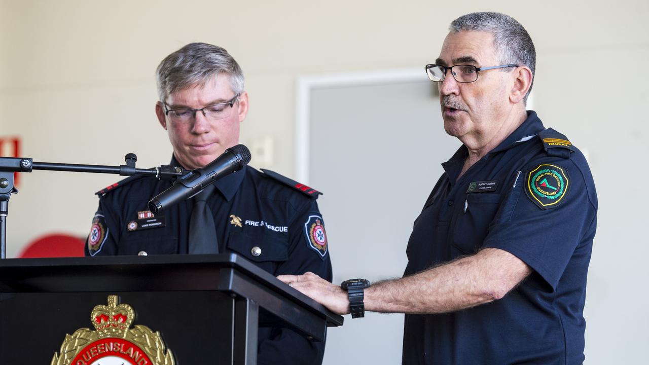 Auxiliary Firefighter Luke Robinson (left) and Rural Firefighter Rod Morris read names from the Firefighter's Honour Roll during the Firefighters Remembrance Day service at Kitchener Street Fire Station, Sunday, October 10, 2021. Picture: Kevin Farmer