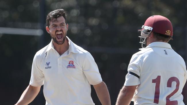 James Nanopoulos bowling for Dandenong celebrates after getting out Matthew Bremner batting for Fitzroy Doncaster   during the Premier Cricket: Dandenong v Fitzroy Doncaster game at Camberwell. Saturday, March 23, 2019. Picture: David Crosling