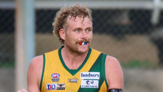 Jackson Calder celebrates a goal for St Mary's against Darwin Buffaloes in Round 13 of the 2022-23 NTFL season. Picture: Celina Whan / AFLNT Media