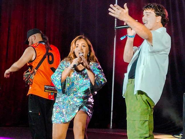 Homegrown Darwin star Jessica Mauboy performing with Indigenous hip hop supergroup 3% at the 20th anniversary edition of the National Indigenous Music Awards at Darwin Amphitheatre on August 10, 2024. Picture: Jayde Roxborough