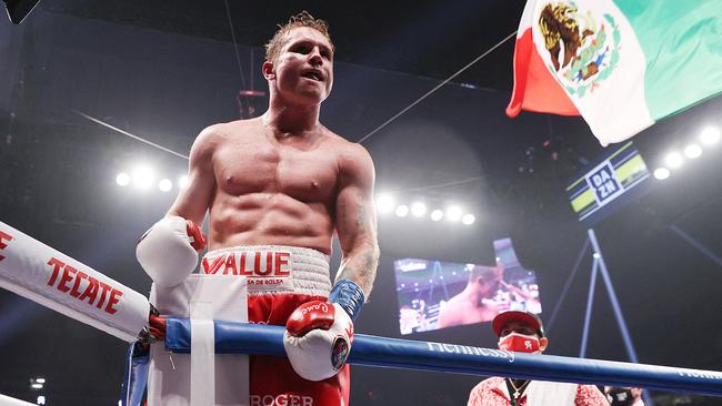 Canelo Alvarez celebrates after defeating Callum Smith during their super middleweight title bout. Picture: Getty Images