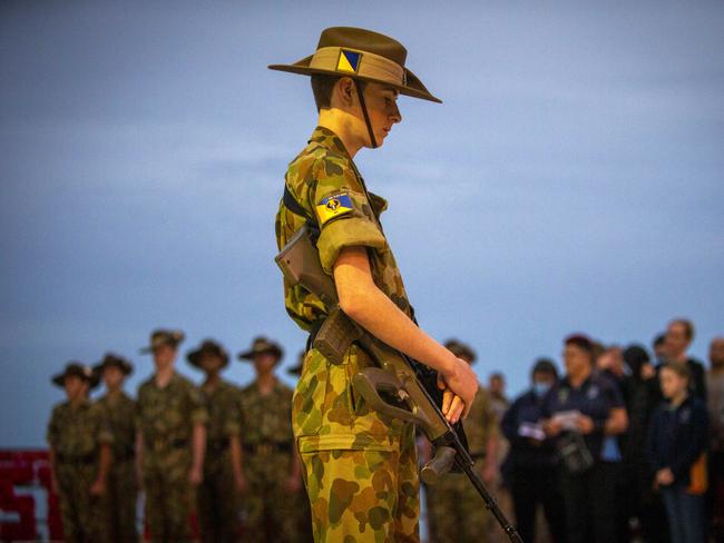 ADELAIDE, AUSTRALIA - Advertiser Photos APRIL 25, 2022: Josh Webb a member of the Catafalque Party 43 Army Cadet Unit at ANZAC DAY 2022 Dawn Service, at the Memorial Arch, Brighton, SA. Picture Emma Brasier