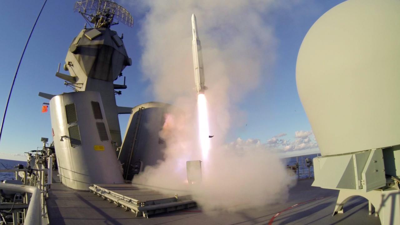 An Evolved Sea Sparrow Missile is launched from HMAS Perth in the Australian Eastern Exercise Area off Jervis Bay, NSW.