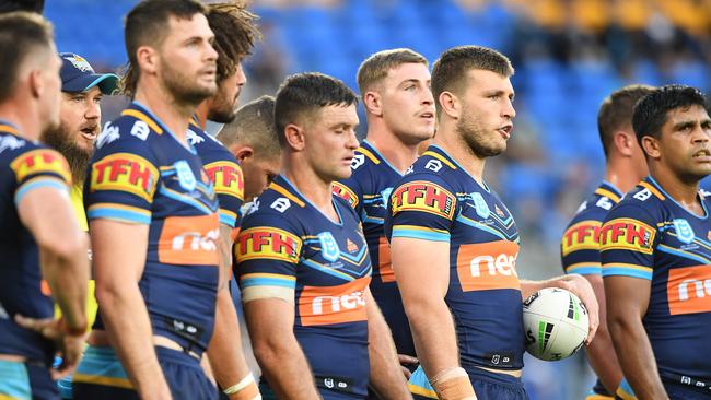 Titans players look on following a Bulldogs try during their Round 10 loss at CBUS Super Stadium. Picture: AAP