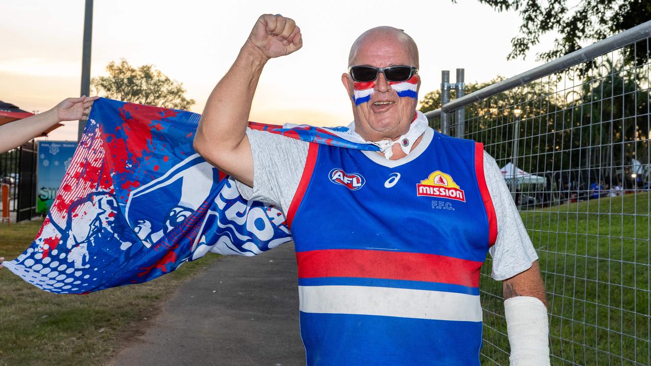 Superman of Bulldogs at the Gold Coast Suns v Western Bulldogs 2025 AFL match at TIO Stadium. Picture: Pema Tamang Pakhrin
