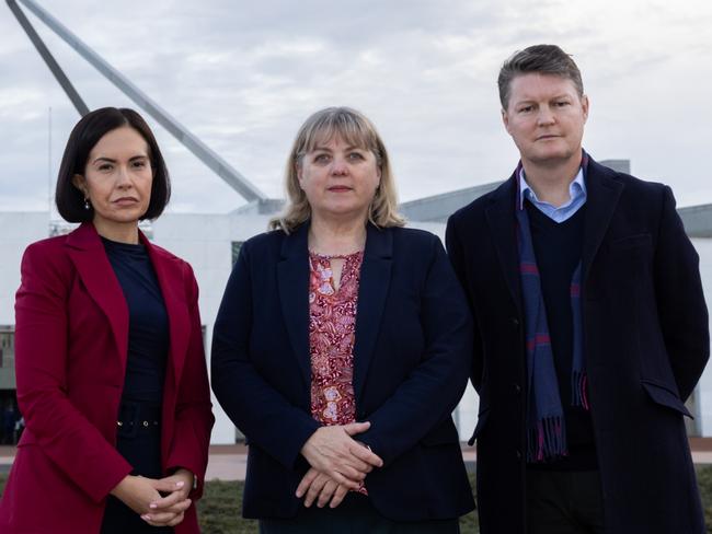 NSW Education Minister Prue Car, Australian Education Union federal president Corenna Haythorpe and Victorian Education Minister Ben Carroll are in Canberra to call on the Albanese Government to raise its school funding contribution to 25 per cent at a cost of $12 billion over the next decade. Picture: Supplied