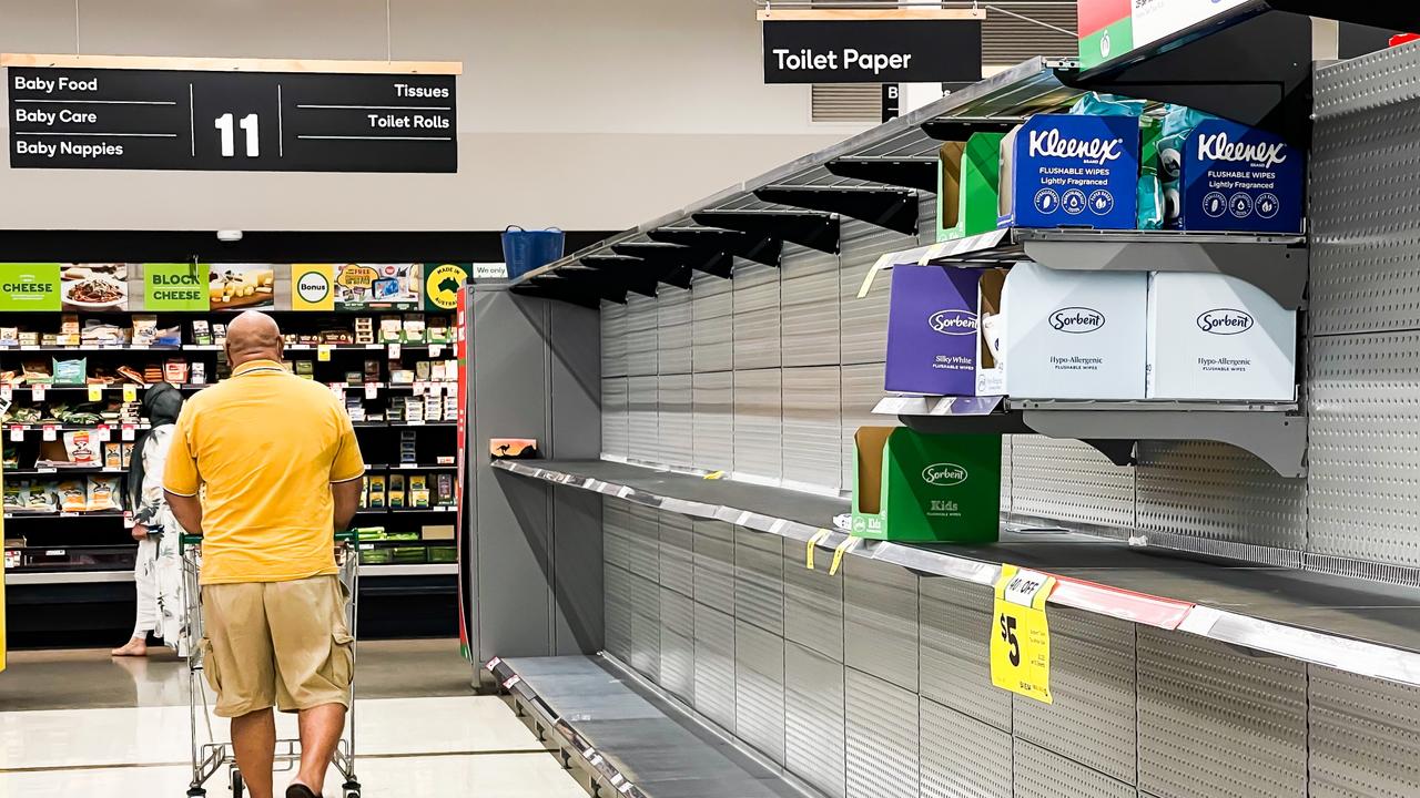 Supermarket shares fell as shelves were stripped bare amid a surge in Covid cases across the nation, with the virus taking out large numbers of retail and supply chain workers. Picture: Dylan Robinson / NCA NewsWire