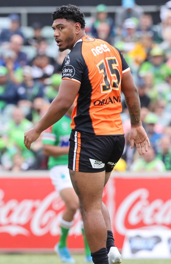 Thomas Mikaele of the West Tigers CANBERRA, AUSTRALIA MARCH 14, 2021. NRL ROUND ONE. RAIDERS VS WEST TIGERS