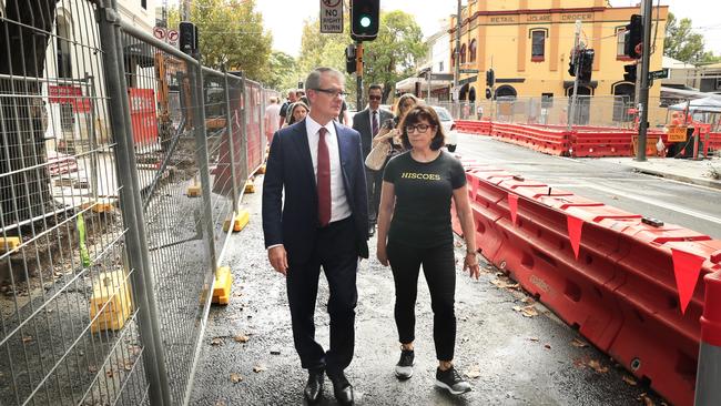 Michael Daley speaks to business owners in Surry Hills about light rail pain. Picture: Mark Evans/Getty Images