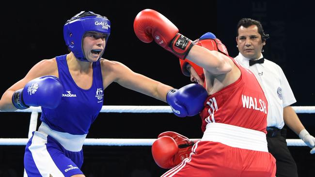 Skye (left) on her way to winning gold at the 2018 Commonwealth Games on the Gold Coast. Picture: AFP