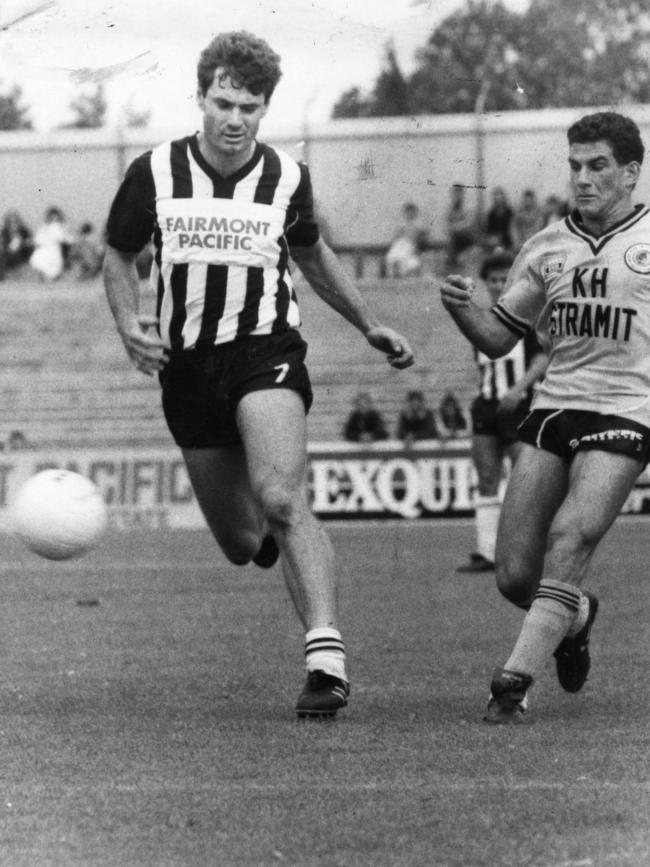Adrian Santrac in action for Adelaide City during a 1987 National Soccer League clash with Heidelberg United.