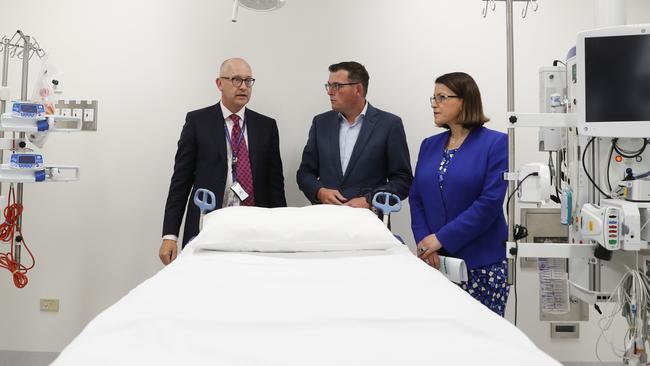 Victorian Premier Daniel Andrews and Health Minister Jenny Mikakos inspect an ICU pod that could be used for coronavirus victims. Picture: AAP