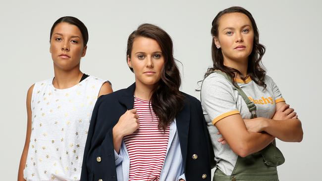 Matildas players Sam Kerr, Hayley Raso and Caitlin Foord will be at Penrith Westfield tonight. Picture: Tim Hunter. Styling: Westfield Stylist, Adriana Fernandez.