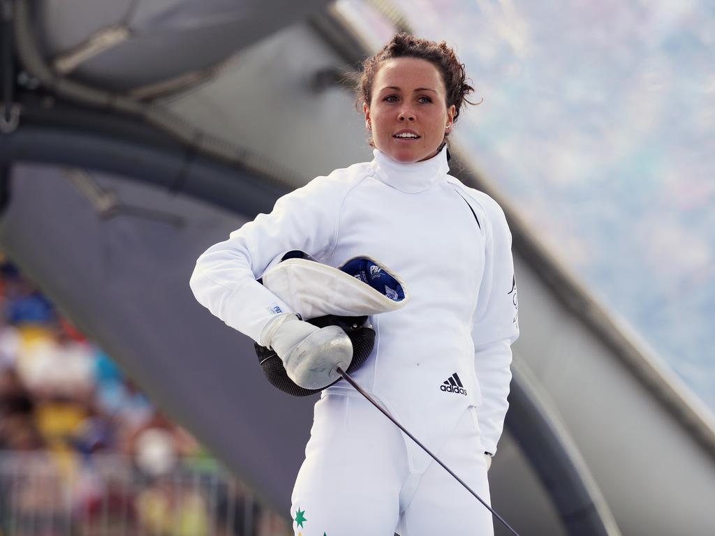 Chloe Esposito of Australia looks on during the women’s fencing leg of the event.