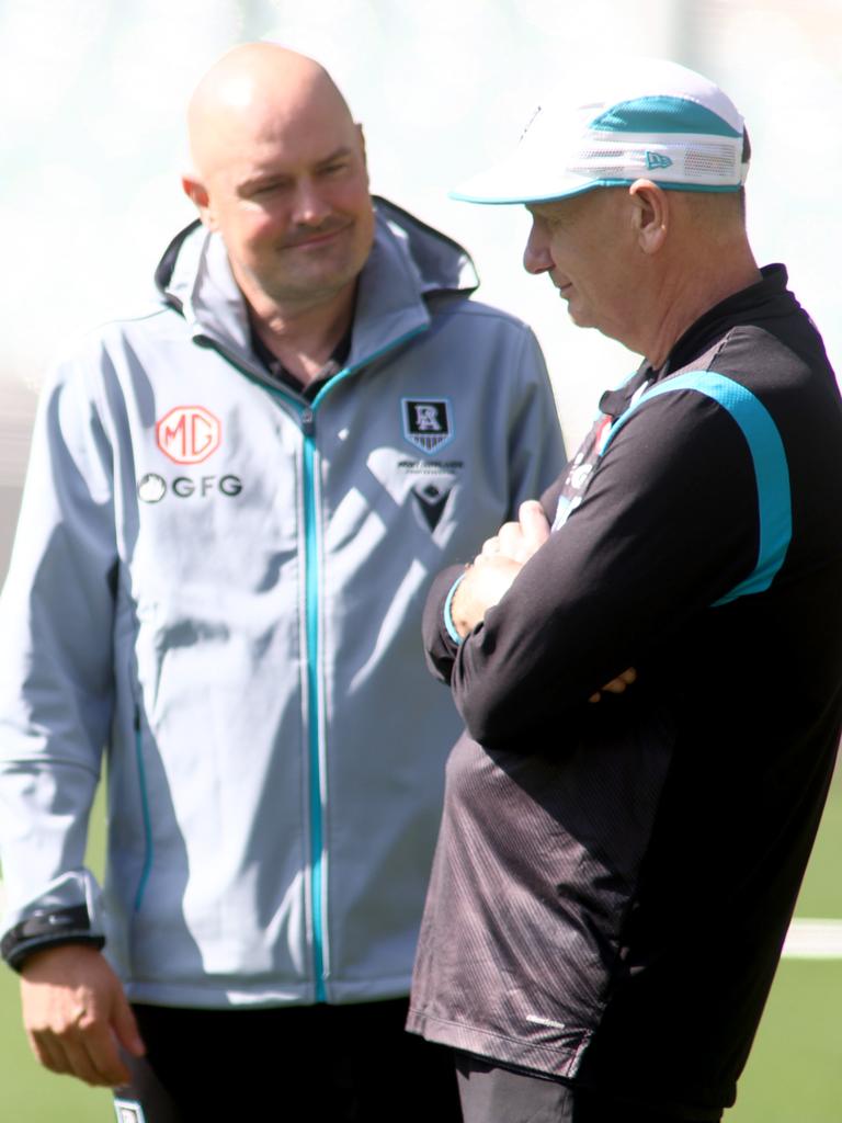 Port Adelaide’s general manager football Chris Davies with senior coach Ken Hinkley. Picture: NCA NewsWire / Kelly Barnes