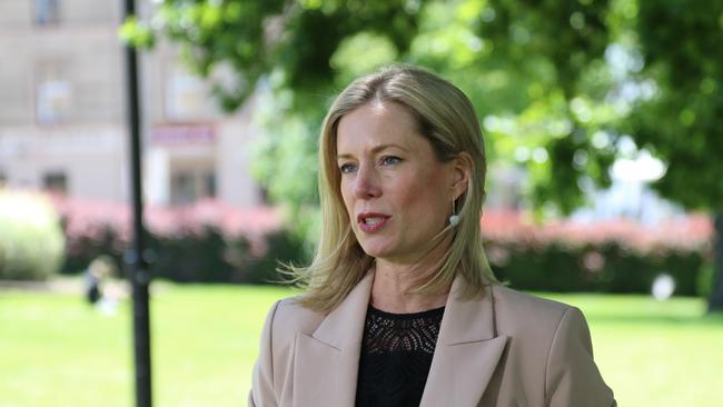 Labor leader Rebecca White speak to the media on Parliament Lawns on Tuesday, November 22, 2022.