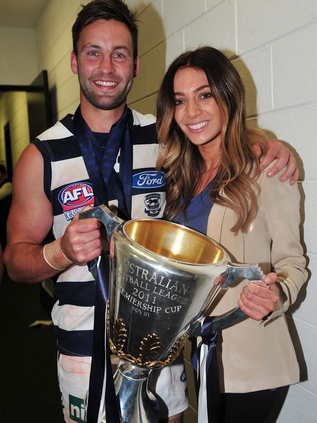 Nadia and Jimmy Bartel celebrate Geelong’s 2011 Premiership.