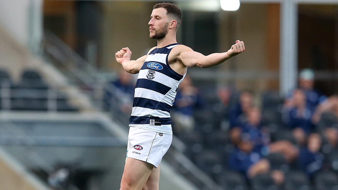 Sam Menegola’s Geelong Cats were far too good for the Essendon Bombers. Picture: Jono Searle
