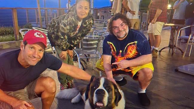 Paul Rudd, Thandiwe Newton and Jack Black with the namesake hound at The St Bernard Hotel at Mt Tamborine. Picture: Instagram @stbernardhotel