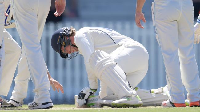 Will Pucovski of Victoria is taken off injured after getting hit by the ball. Pic: AAP I