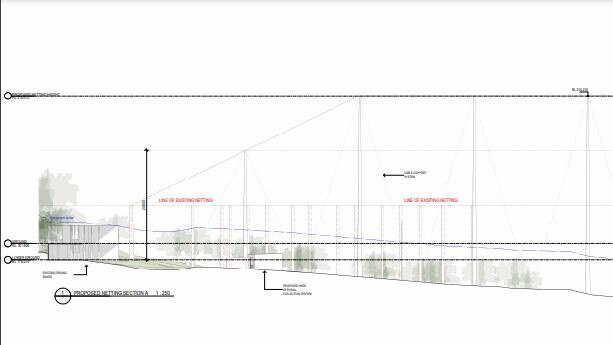 An artist's impression of the 42m-high netting for the proposed refurbished Swing Factory driving range at Terrey Hills. Picture: Supplied