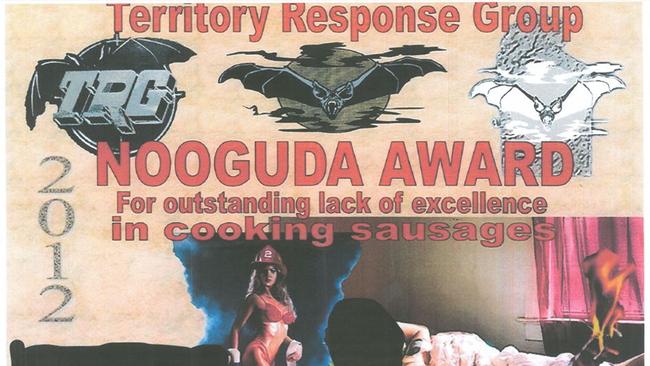 Part of another of three images of purported Tactical Response Group awards released by the NT Coroner on Monday.