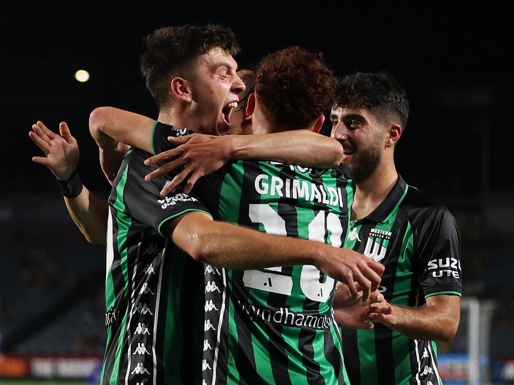 Western United celebrates after a Noah Botic goal. Picture: Getty Images