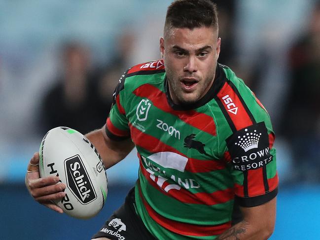 Souths Corey Allan scores a try during the Souths v Roosters NRL match at ANZ Stadium, Homebush. Picture: Brett Costello