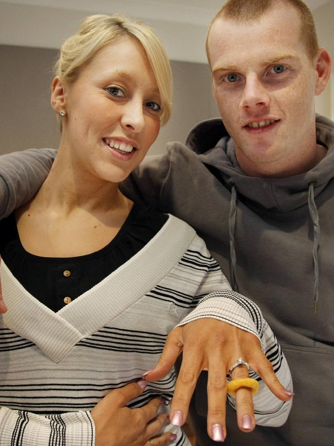 Western Bulldogs footballer Adam Cooney's fiancee Haylea McCann wears the burger ring chip snack that the Brownlow Medal winner used when he proposed to her in 2008. Picture: Advertiser Library