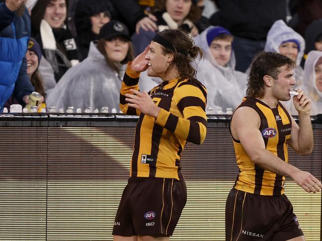 Jack Ginnivan of the Hawks celebrates a goal during the round 19 AFL match. Picture: Darrian Traynor/Getty Images.