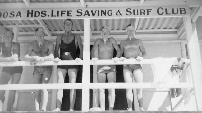 Noosa Heads Surf Life Saving Club members on the veranda of the original clubhouse (left to right) Earl Hempsell, Bill Gard, Bert Sealy, Tim Berg and Les Ferris.