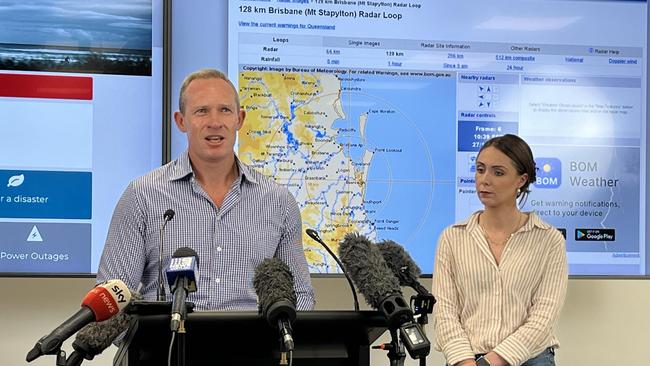 Gold Coast mayor Tom Tate, with Queensland Minister for Housing Meaghan Scanlon and Minister for Energy Mick de Brenni speaking about the Christmas Day storm at the Gold Coast disaster centre Picture: NCA NewsWire / Aisling Brennan