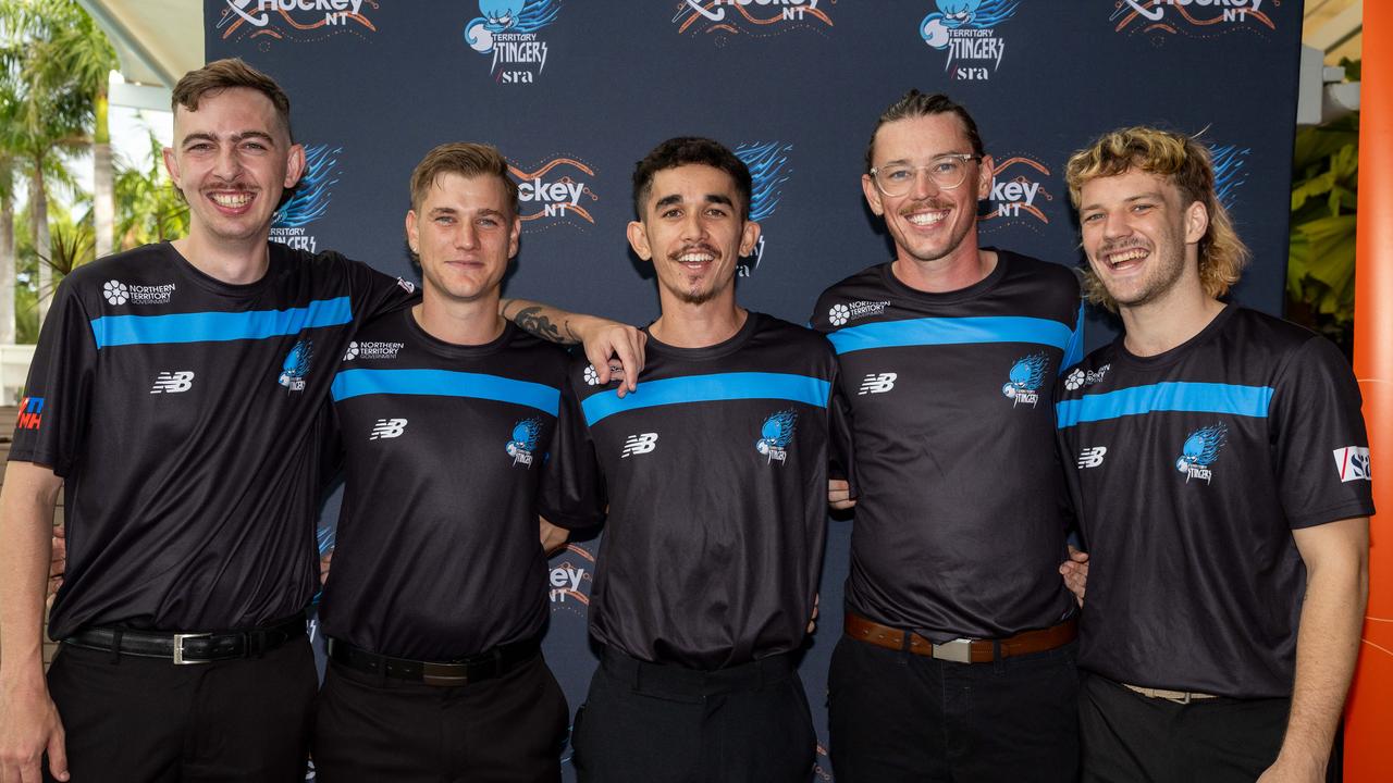 Jason Talbot, Ayden Parkin, Lucas Camara, Lachlan Walter and Max Fraser at the Territory Stingers Malaysian Hockey League team launch. Picture: Pema Tamang Pakhrin