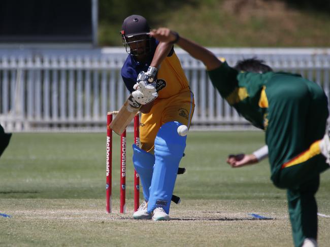 Paarth Sharma defends for Fairfield-Liverpool at Raby Oval. Picture Warren Gannon Photography