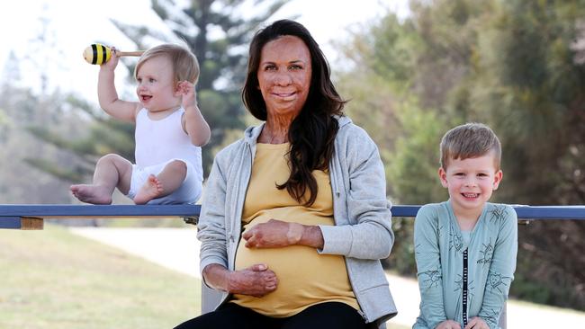 Turia Pitt with her children Brooklyn Howcroft and Hunter Burgess at Mollymook Beach. Picture: Jonathan Ng