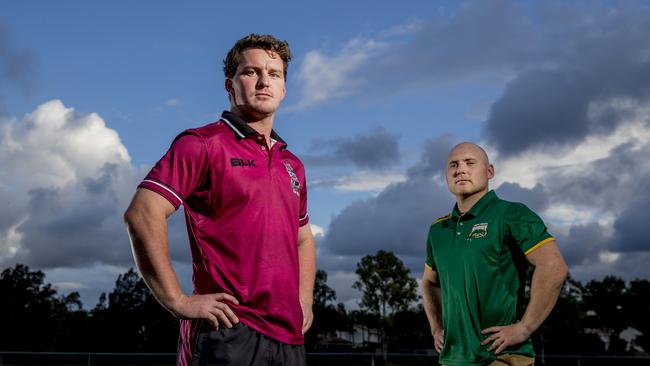 Saturday's livestream will pit Surfers Paradise against Nerang in rugby. Joshua Edmond Nerang Bulls Captain and Alex Behns from Surfers Paradise at the Nerang Bulls home field. Picture: Jerad Williams