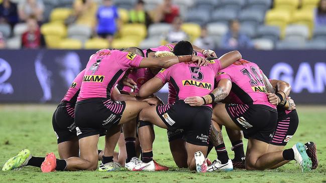 Members of the Panthers take a knee together after a game. Picture: Matt Taylor