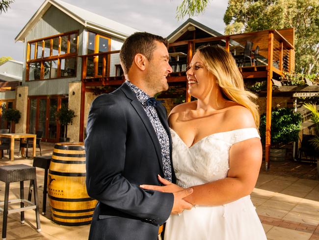 FiancÅ½es Chad Rothe and Louise Harris at Lake Breeze Wines, Langhorne Creek in South Australia on Monday, January 11, 2021. (The Advertiser/ Morgan Sette)