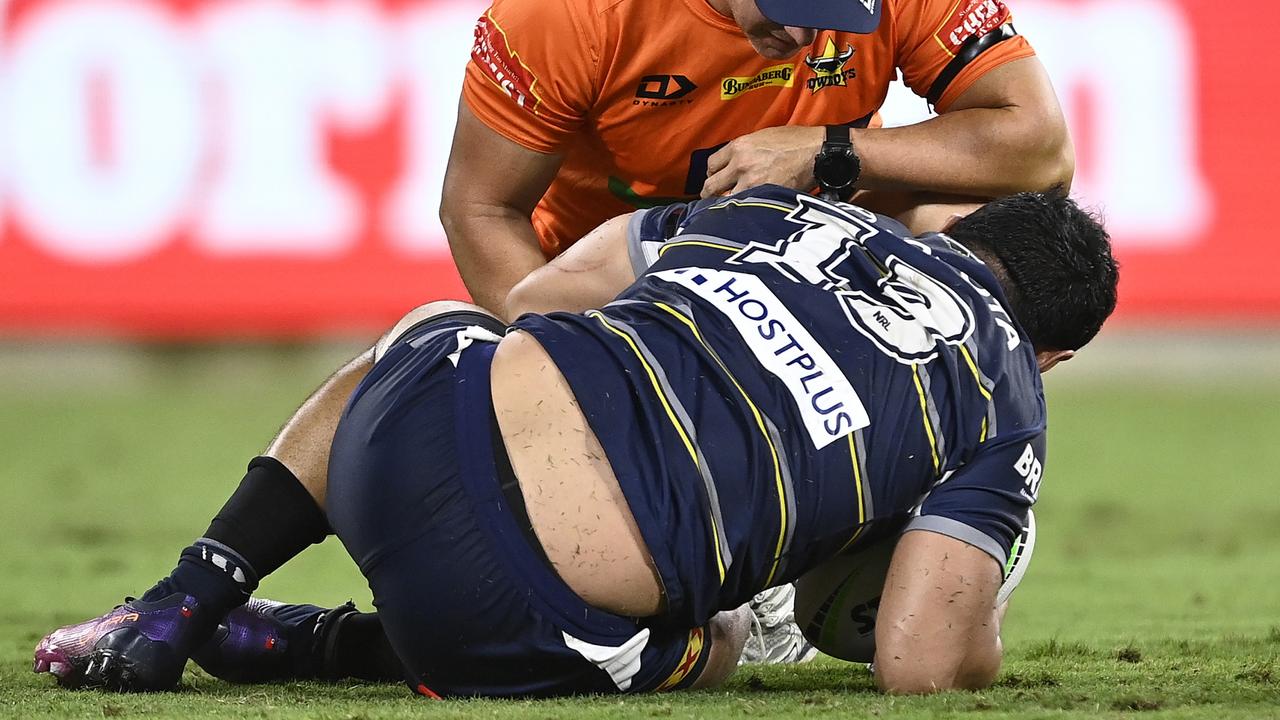 Jason Taumalolo down injured on the weekend (Photo by Ian Hitchcock/Getty Images)