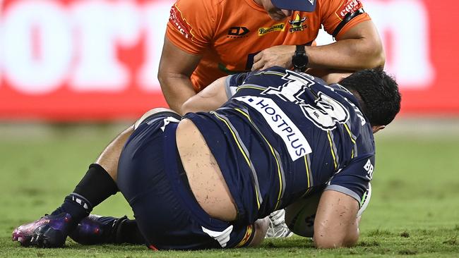 Jason Taumalolo down injured on the weekend (Photo by Ian Hitchcock/Getty Images)