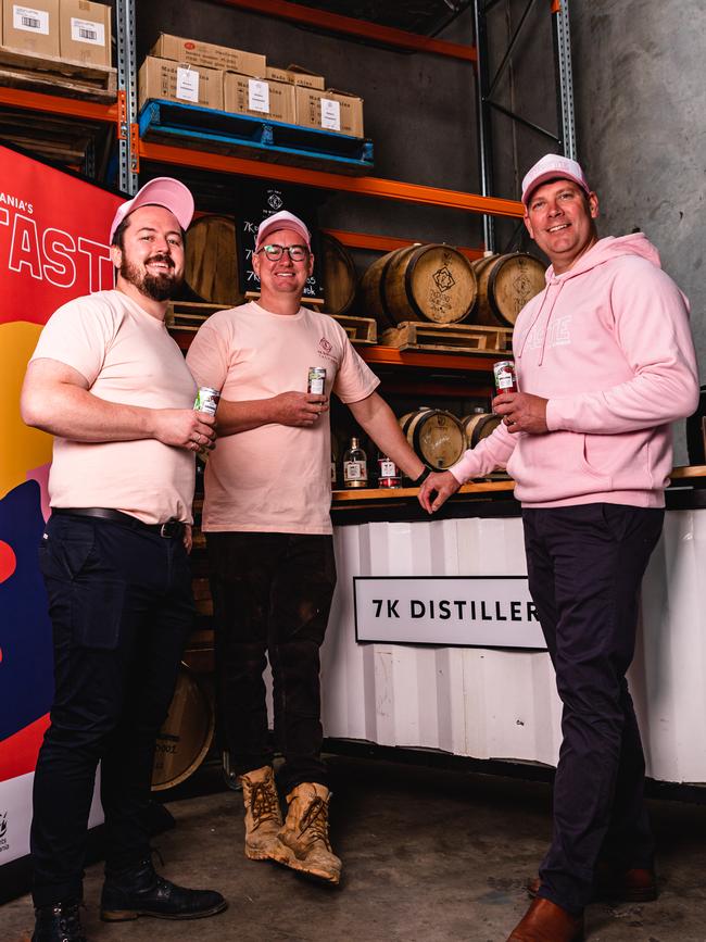 7K Events Coordinator, Alexander Chaplin, 7K Distillery founder and Director, Tyler Clark, and Chair of the Taste of Summer, Jarrod Nation at the 7K distillery in Derwent Park. Picture: Linda Higginson