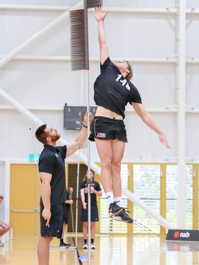 William Bella tests in the running vertical leap during the 2021 NAB AFL Queensland Draft Combine. Photo by Russell Freeman/AFL Photos.