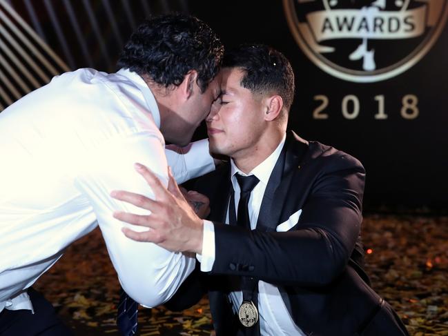 Roger Tuivasa-Sheck of the New Zealand Warriors is congratulated by then teammate Issac Luke during the 2018 Dally M Awards. Picture: Getty Images