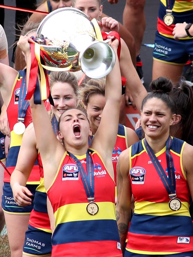 Celebrating winning the Crows second AFLW premiership in 2019. Picture: AAP