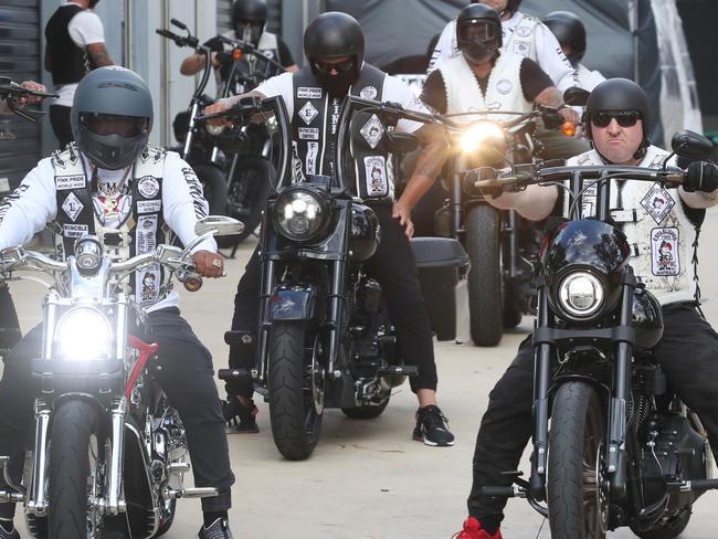 Members of Finks motorcycle club prepare to ride north to Wodonga. Police turned up to keep a watch at their Cranbourne West clubhouse. Friday, January 28, 2021. Picture: David Crosling