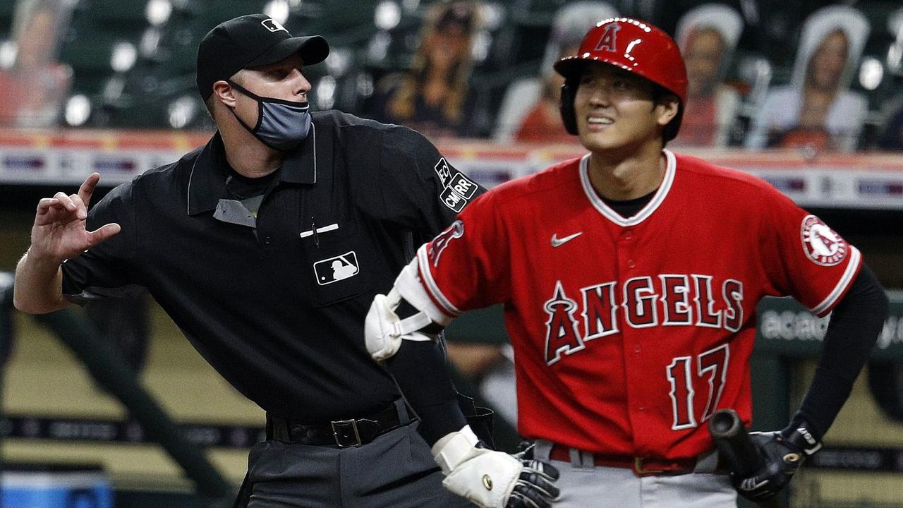Los Angeles Angels star Shohei Ohtani reacts to a called third strike last season. (Photo by Bob Levey/Getty Images)