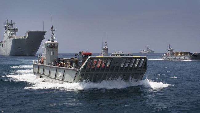 HMAS Adelaide deploys three Navy LHD Landing Craft with a mobile hospital to Dili, Timor Leste. Picture: Defence