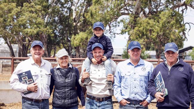 The Baillieu family, l-r. Charlie, Sybil, Ruki with son Archie (4), Sam and Antony Baillieu . Yarram Park final bull sale. Pictures: Nicole Cleary.