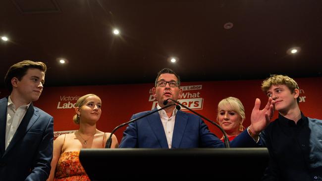 Daniel Andrews delivers his victory speech alongside his family at the Labor election party in his seat of Mulgrave last November. Picture: Asanka Ratnayake/Getty Images